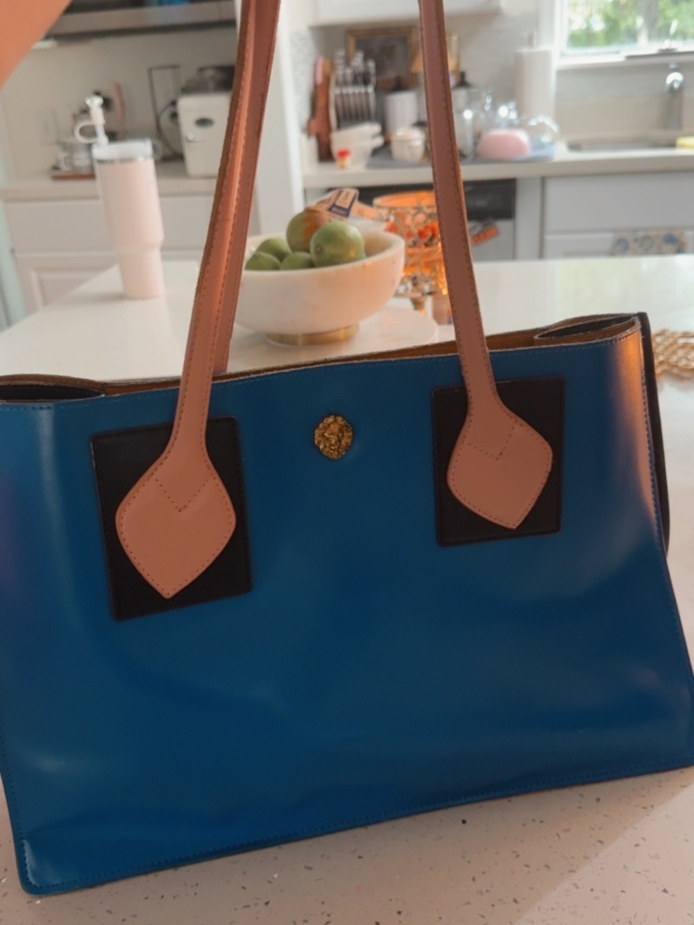 Anne Klein Blue Tote with Pink Handles and Black Accents. Has a lion face detail